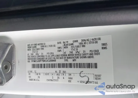 2019 Ford Escape S из США, поврежденный, VIN 1FMCU0F79KUC20945